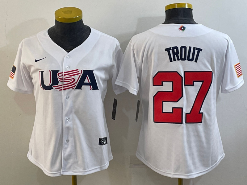 Women's USA Baseball #27 Mike Trout 2023 White World Baseball Classic Stitched Jersey(Run Small)